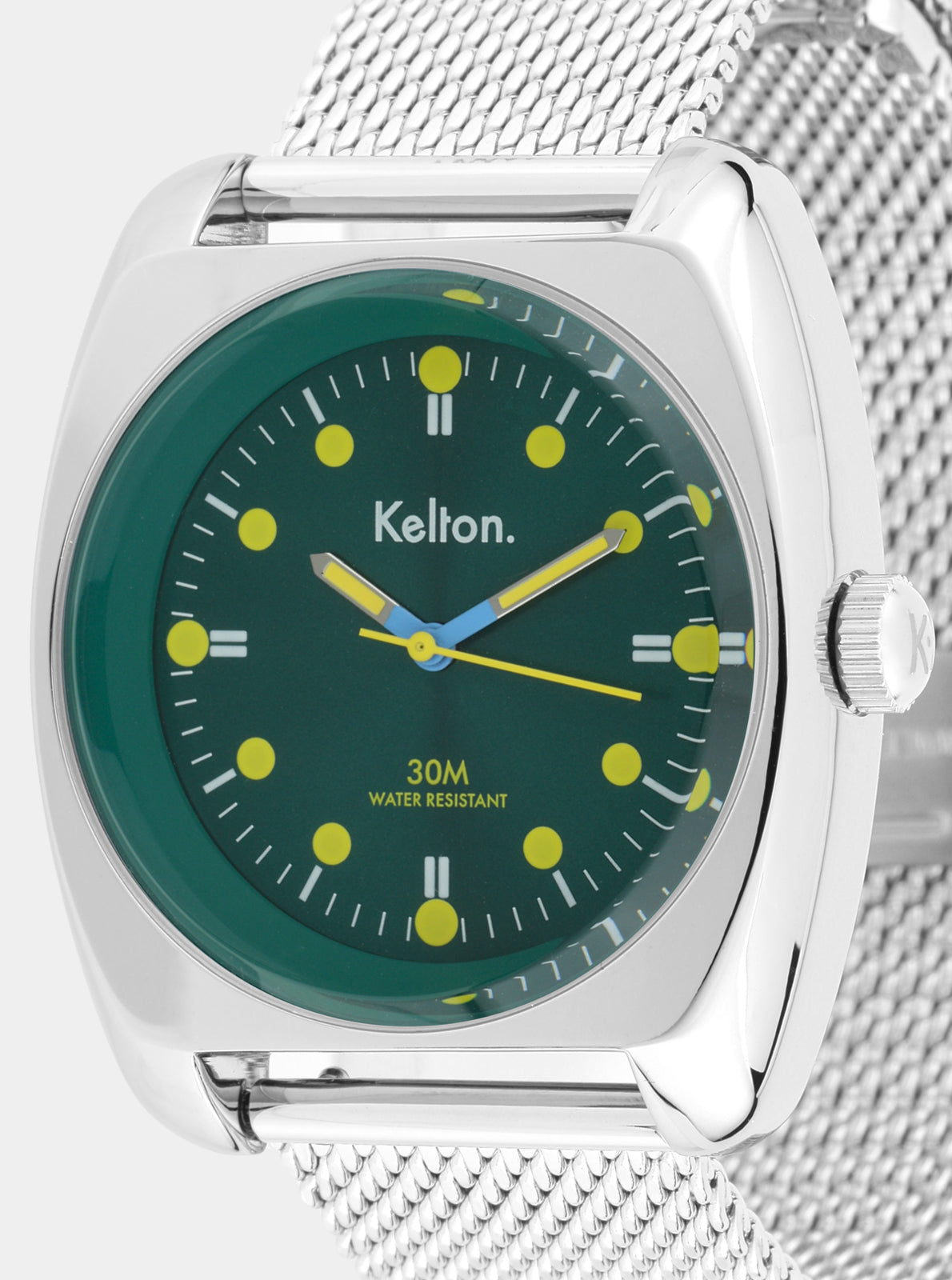 Image of Montre Kelton RC2 cadran vert, index et aiguilles jaunes, boîtier rectangulaire.