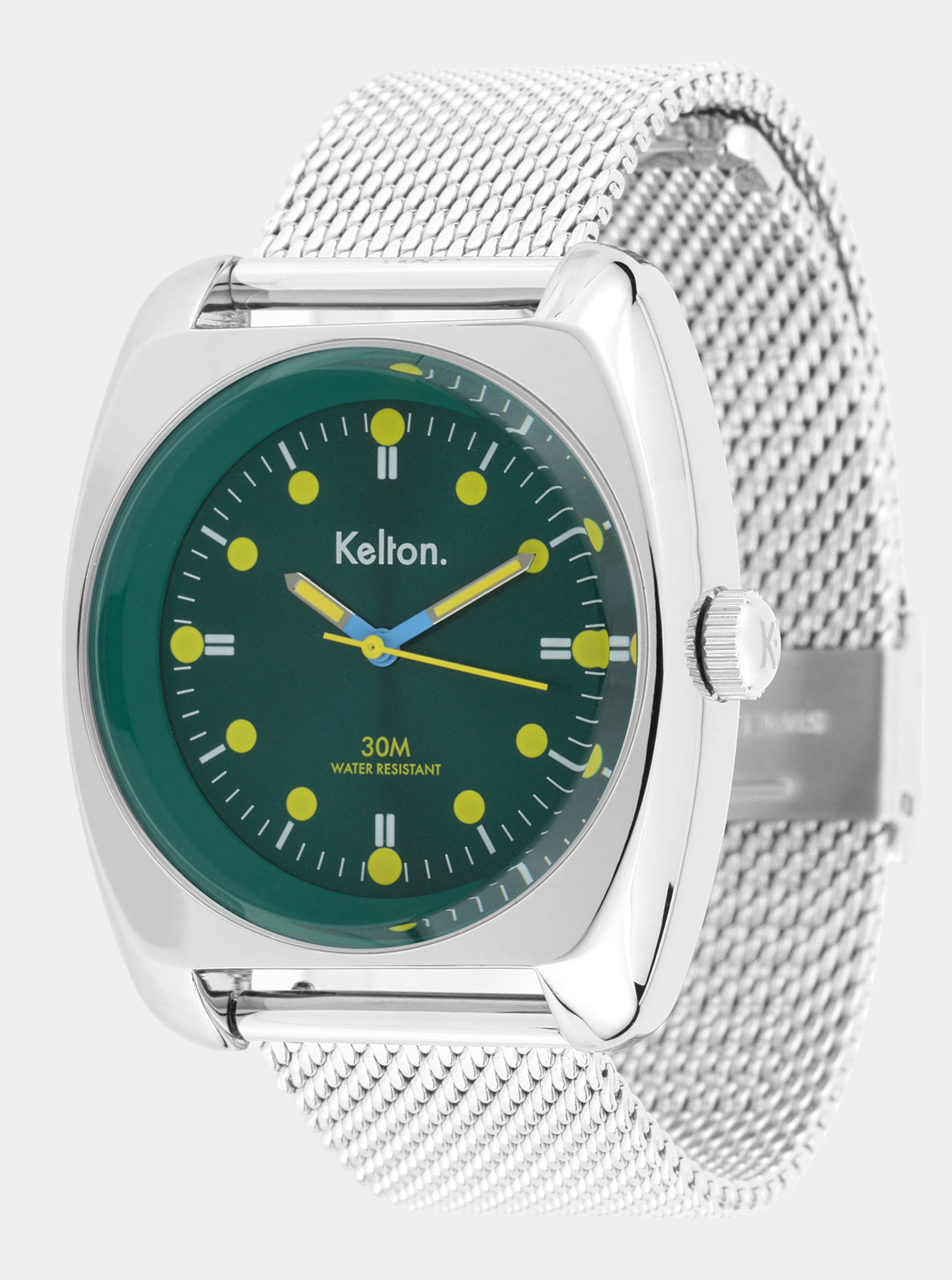 Image of Montre Kelton RC2 cadran vert foncé, aiguilles jaunes, bracelet maille argentée.