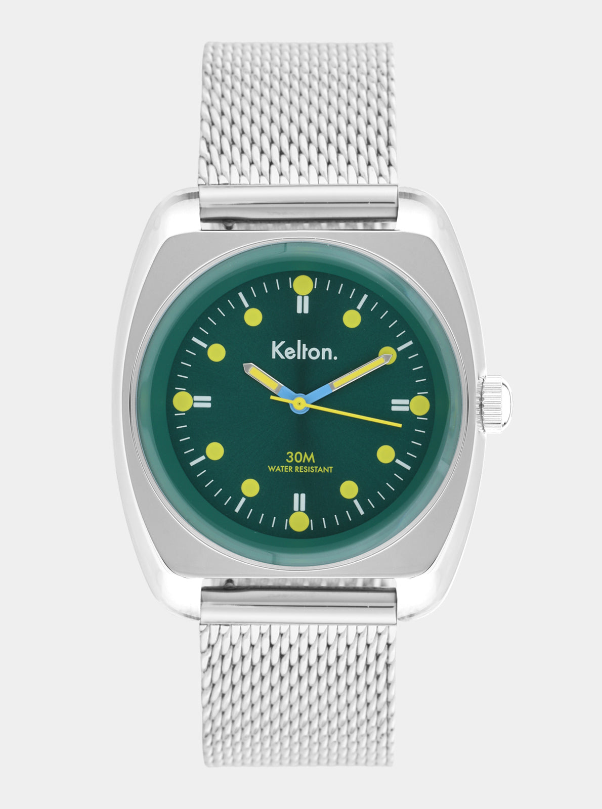 Image of Montre Kelton RC2 à cadran vert et index jaunes, bracelet maille argentée.
