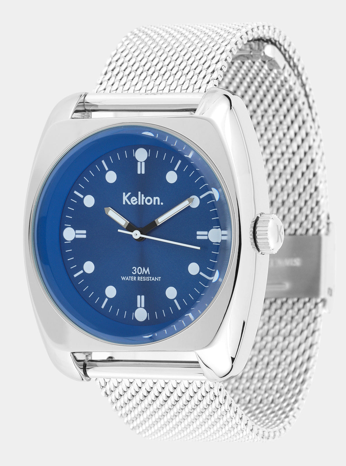 Image of Montre Kelton RC2 à cadran bleu avec bracelet maille acier, couronne latérale