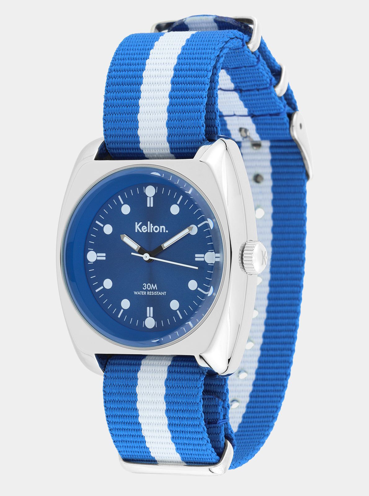 Image of Montre Kelton cadran bleu sur boîtier argent, bracelet Nato rayé bleu/blanc