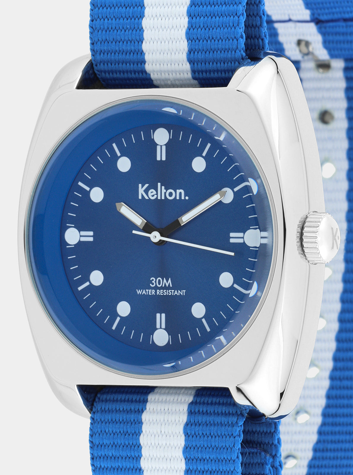 Image of Montre Kelton cadran bleu avec index et aiguilles, bracelet Nato rayé bleu/blanc