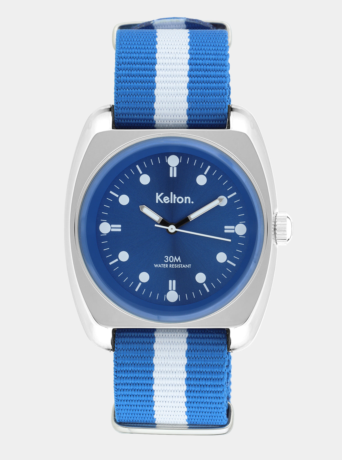 Image of Montre Kelton à bracelet Nato bleu et blanc, boîtier argenté, cadran bleu