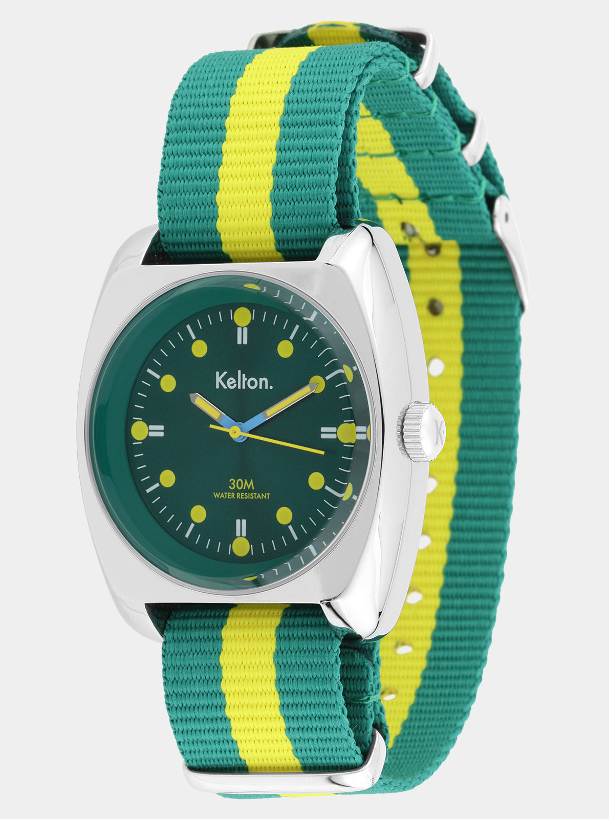 Image of Montre Kelton RC2 cadran vert foncé, bracelet Nato rayé vert et jaune, vue de trois quarts.