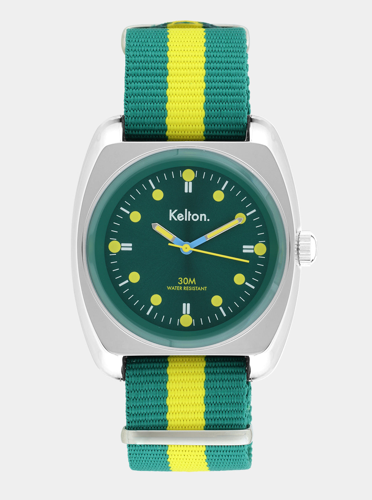 Image of Montre Kelton RC2 à cadran vert et bracelet Nato rayé vert-jaune, boîtier argenté.