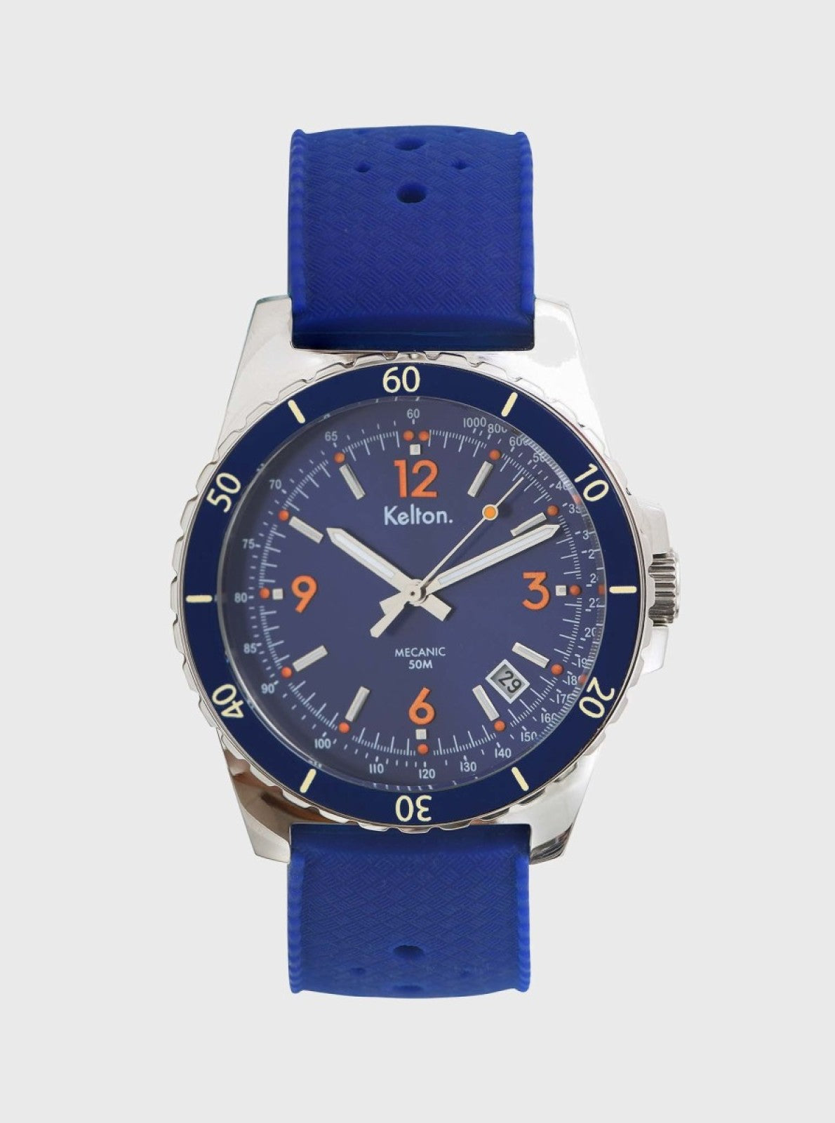 Image of Montre automatique à cadran bleu foncé, bracelet cuir bleu, boîtier argent