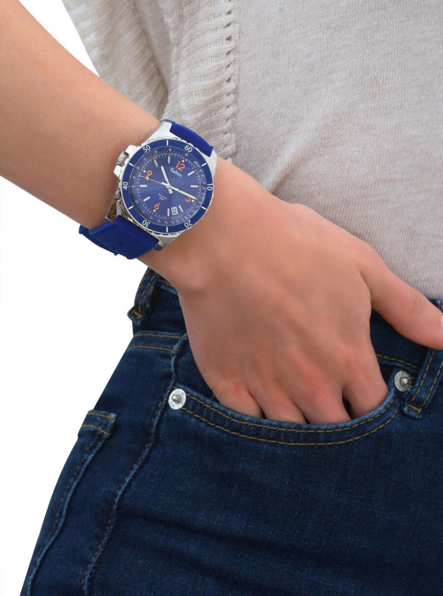 Image of Montre automatique Mille, cadran bleu, bracelet silicone bleu