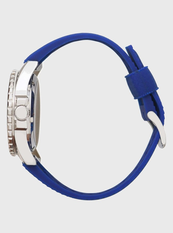 Image of Montre automatique vue de côté, bracelet bleu et boîtier argenté