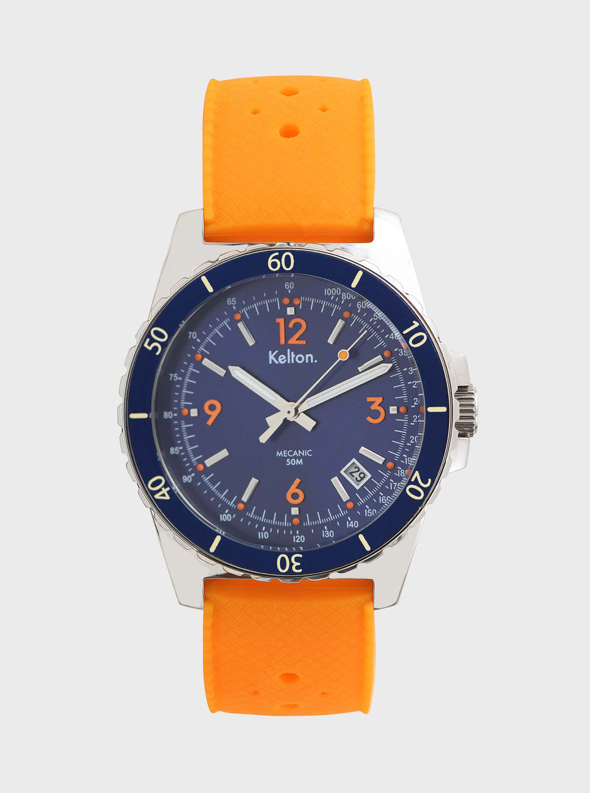 Image of Montre automatique à cadran bleu et bracelet orange, vue de face