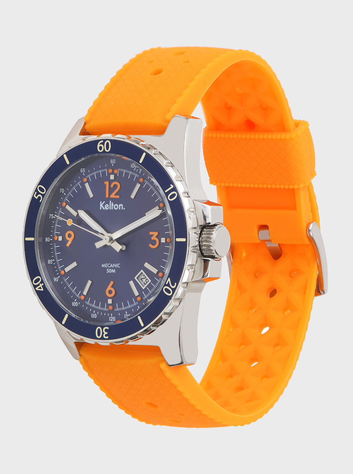 Image of Montre automatique cadran bleu et bracelet orange, boîtier argenté vue de profil