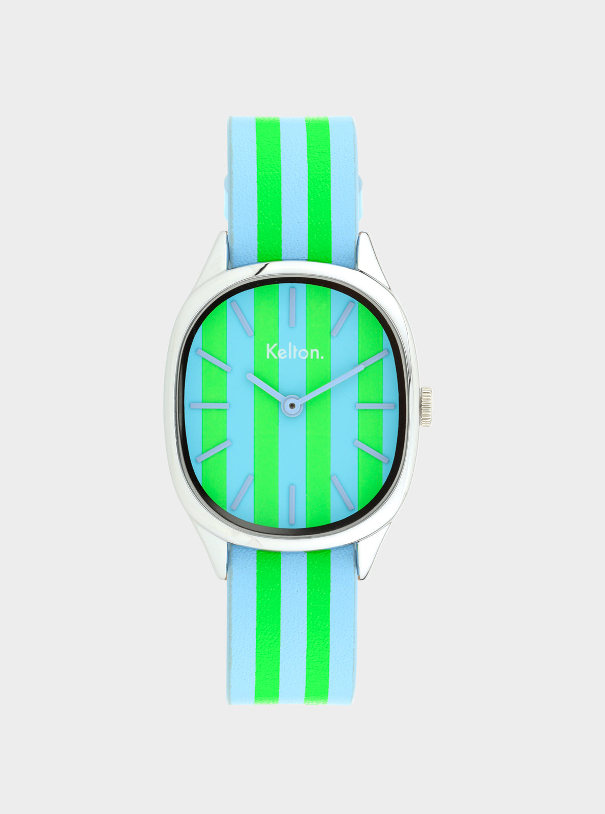 Image of Montre Colorama David H. à cadran vert rayé, boîtier argenté et bracelet bleu ciel.