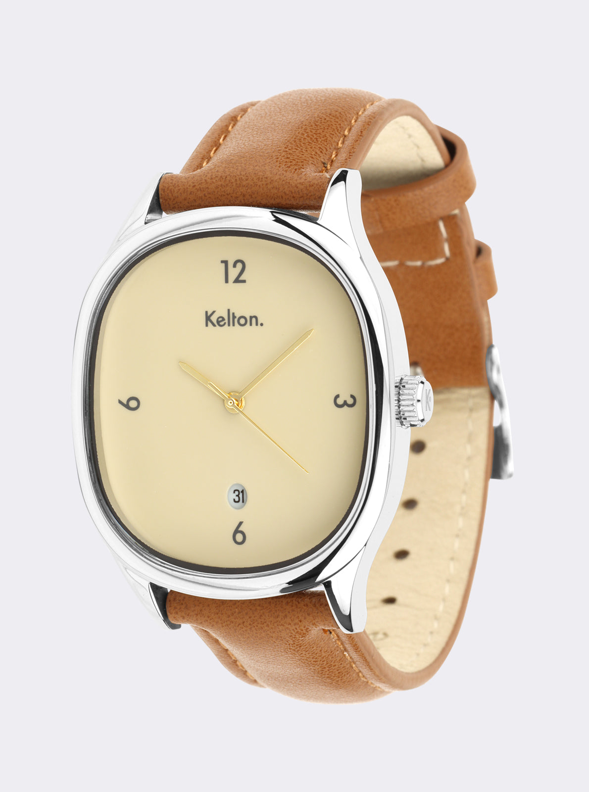 Image of Montre à cadran crème avec bracelet en cuir marron, vue de côté du boîtier argenté.