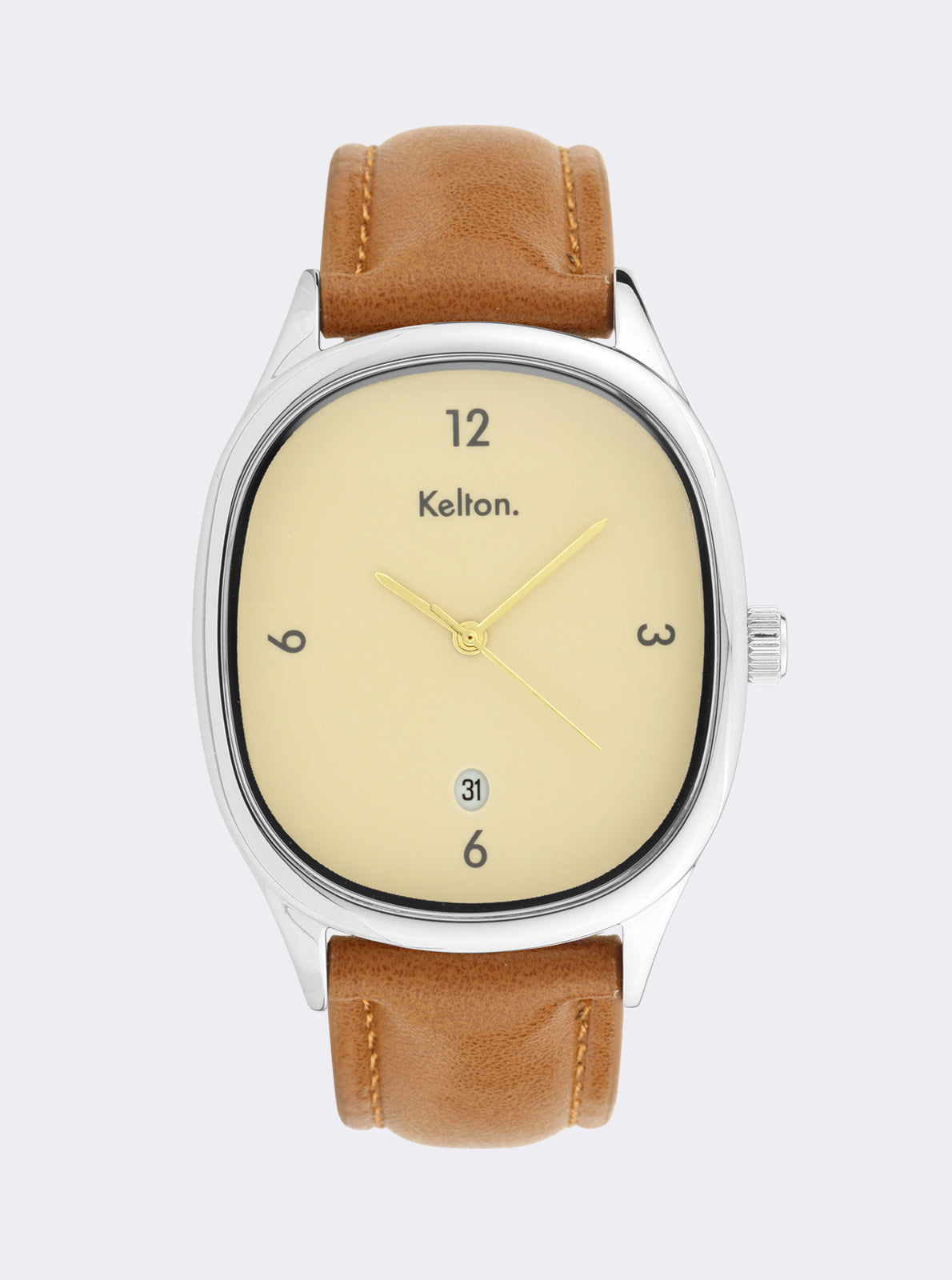 Image of Montre à cadran crème et bracelet en cuir marron, boîtier argenté et chiffres noirs.