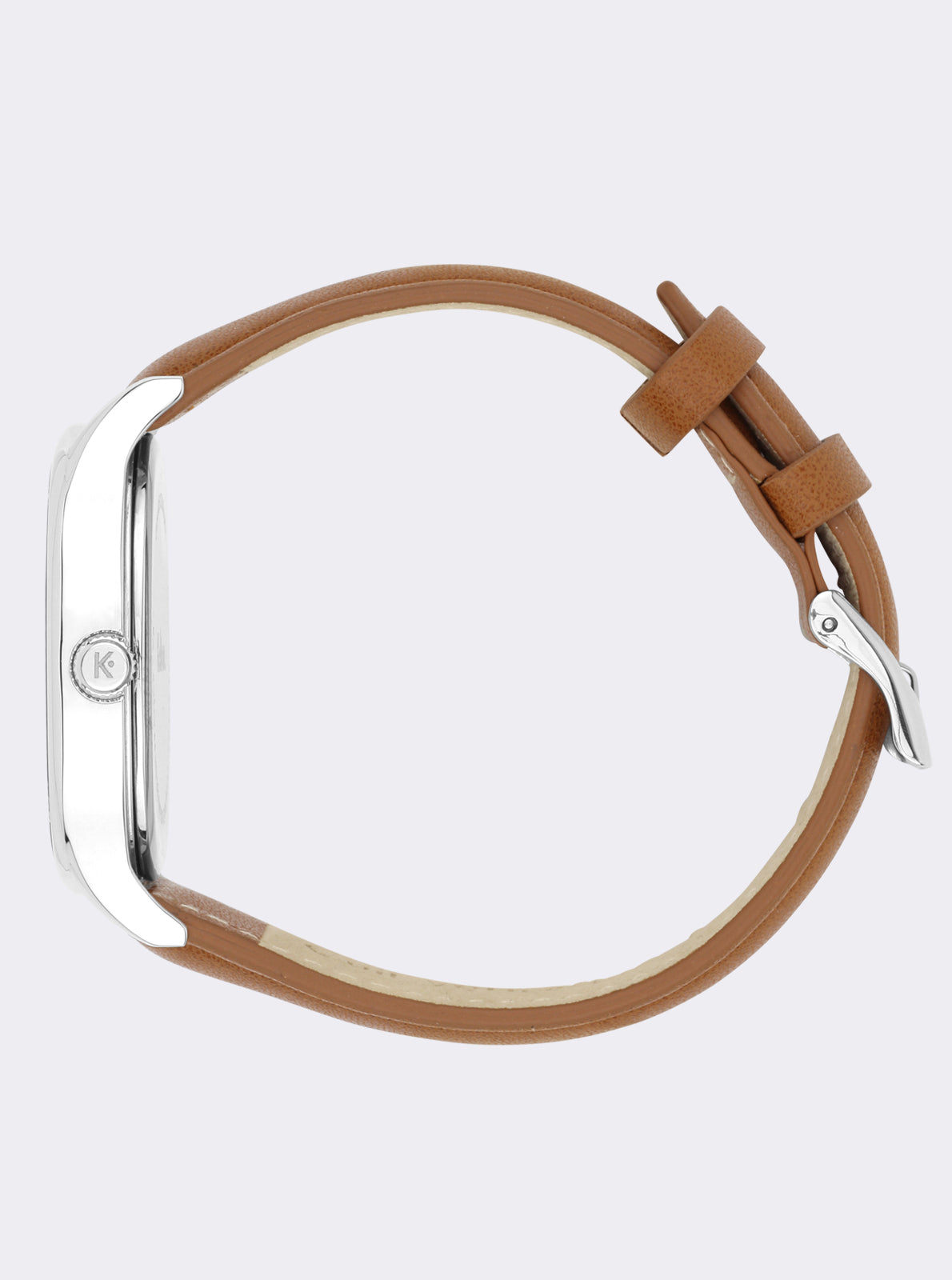 Image of Montre bracelet en cuir marron avec attaches, boîtier argenté, vue de dessus.