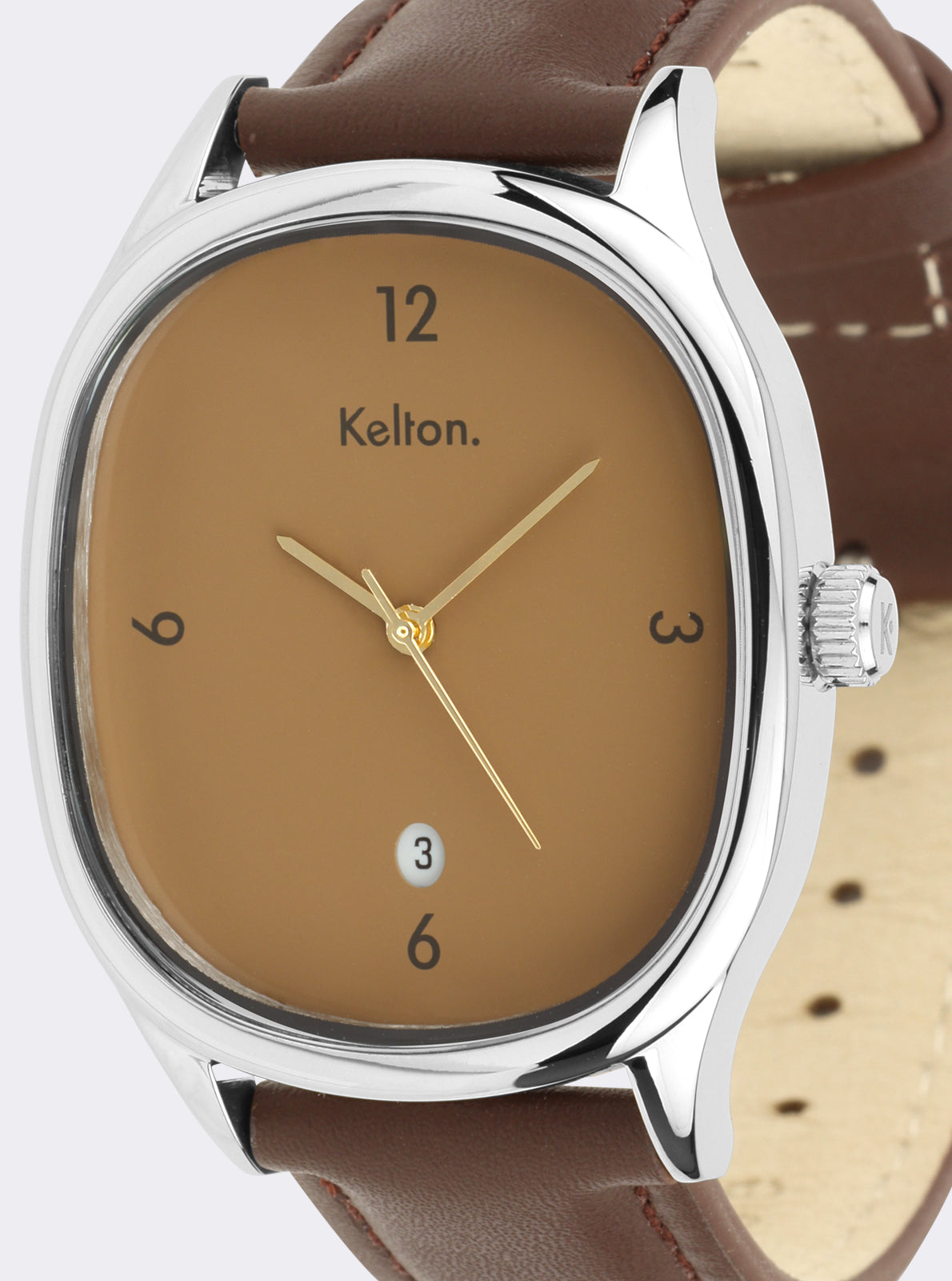 Image of Montre Kelton cadran marron, index et aiguilles dorées, bracelet en cuir brun