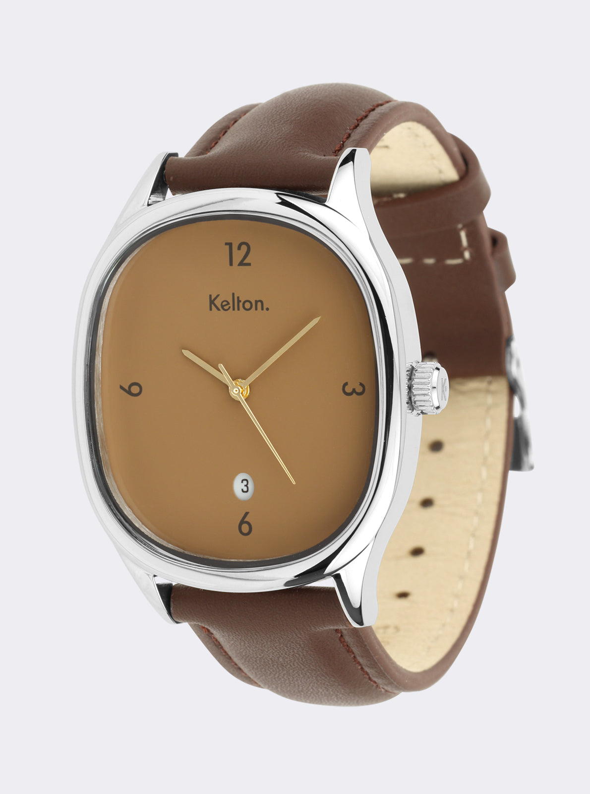 Image of Montre Kelton cadran marron avec bracelet en cuir brun et couronne latérale