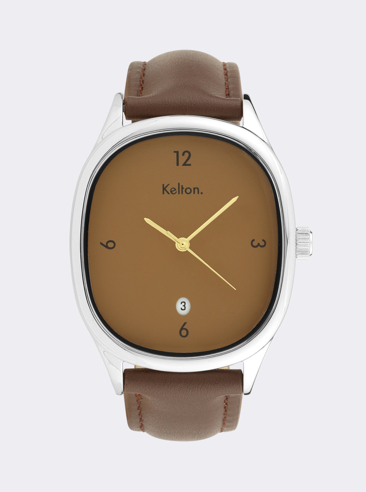 Image of Montre Kelton à cadran marron et bracelet en cuir brun, boîtier argenté