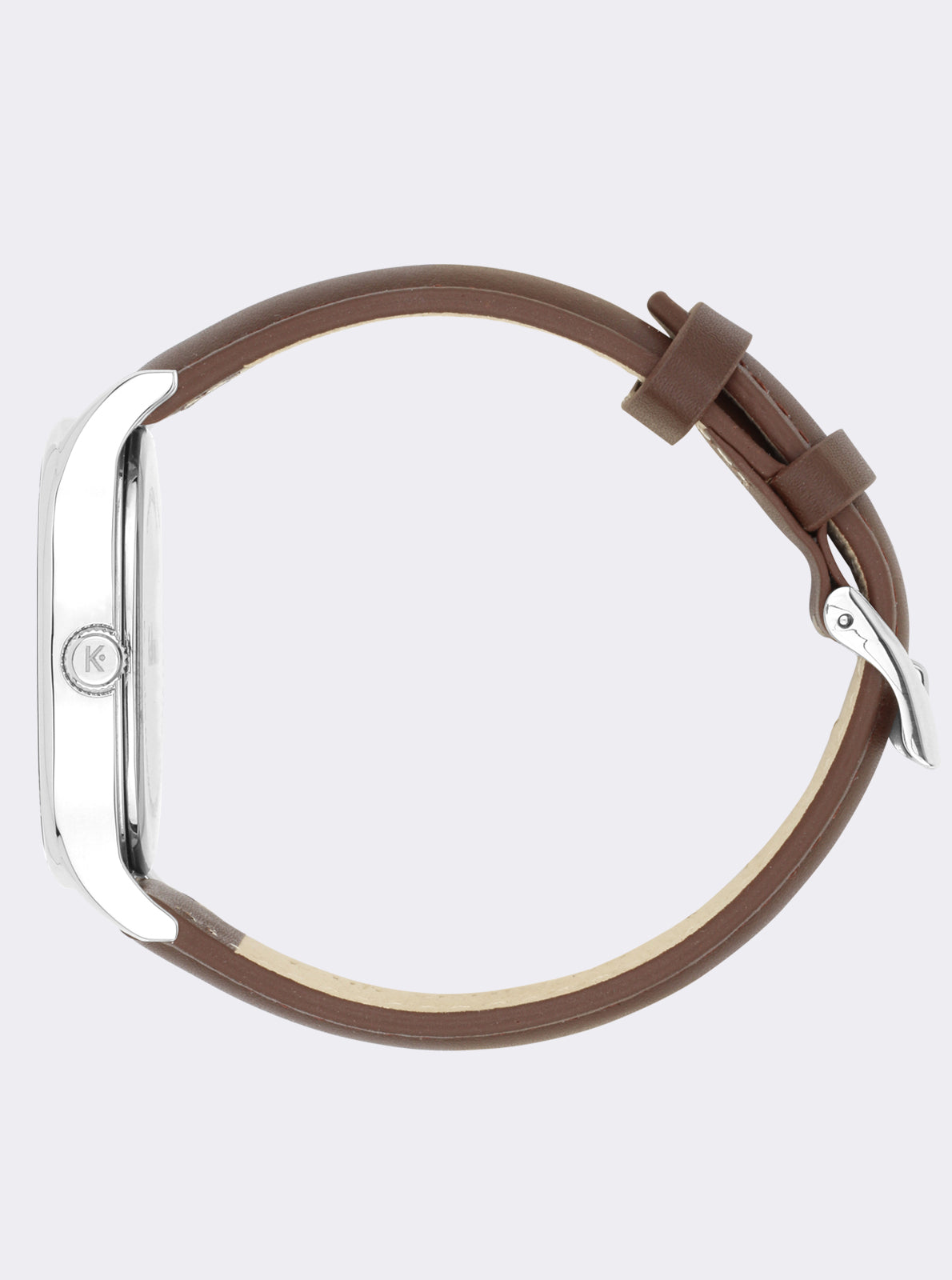 Image of Montre Kelton avec bracelet en cuir brun et boîtier argenté, couronne à gauche