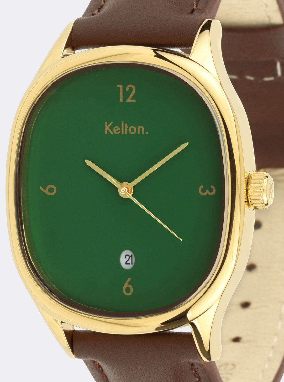 Image of Montre cadran vert foncé, chiffres 12 et 6, boîtier doré, bracelet cuir brun