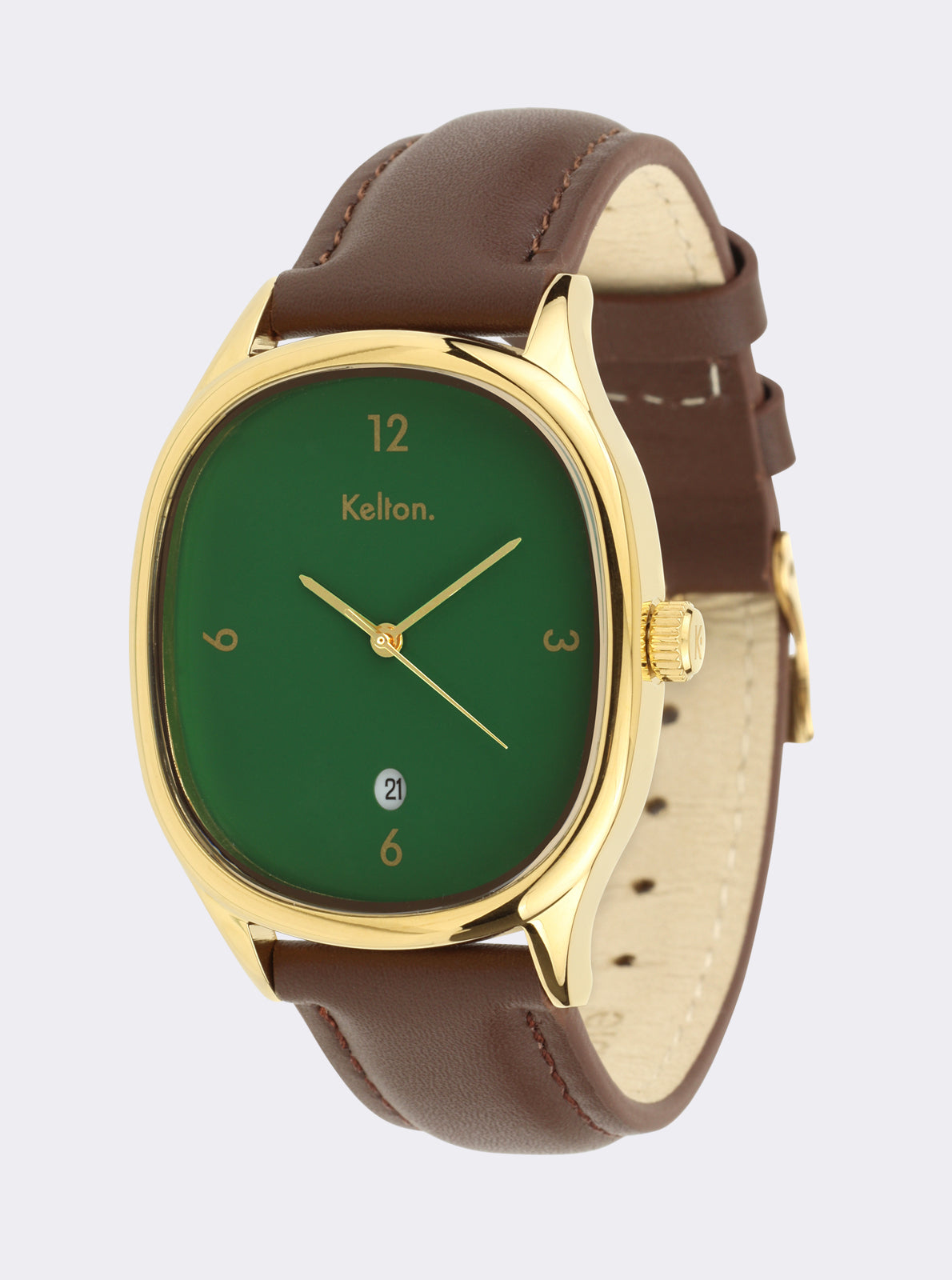 Image of Montre cadran vert, boîtier doré et bracelet cuir brun, couronne sur le côté