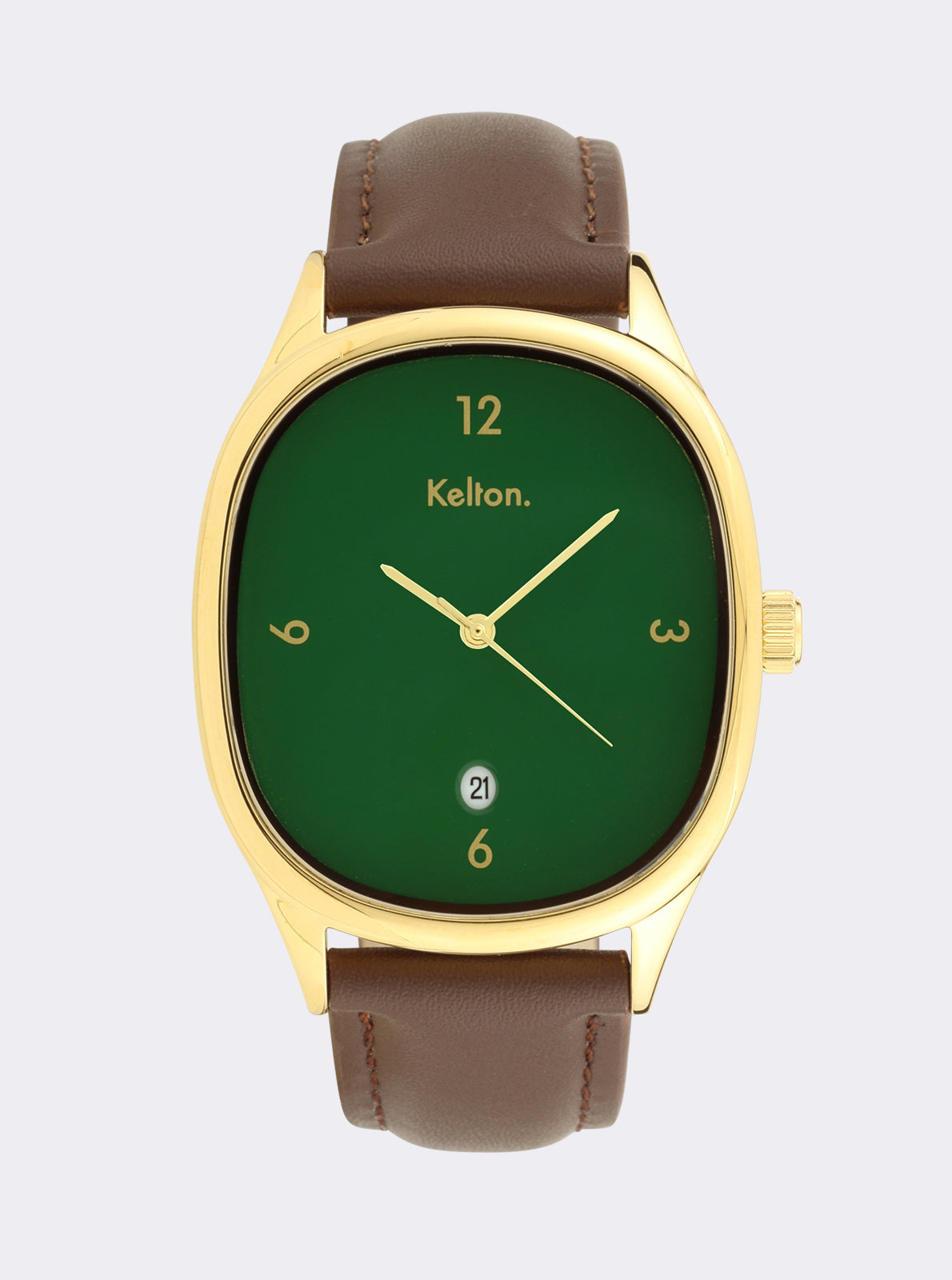 Image of Montre à cadran vert avec bracelet cuir brun et boîtier doré, aiguilles dorées