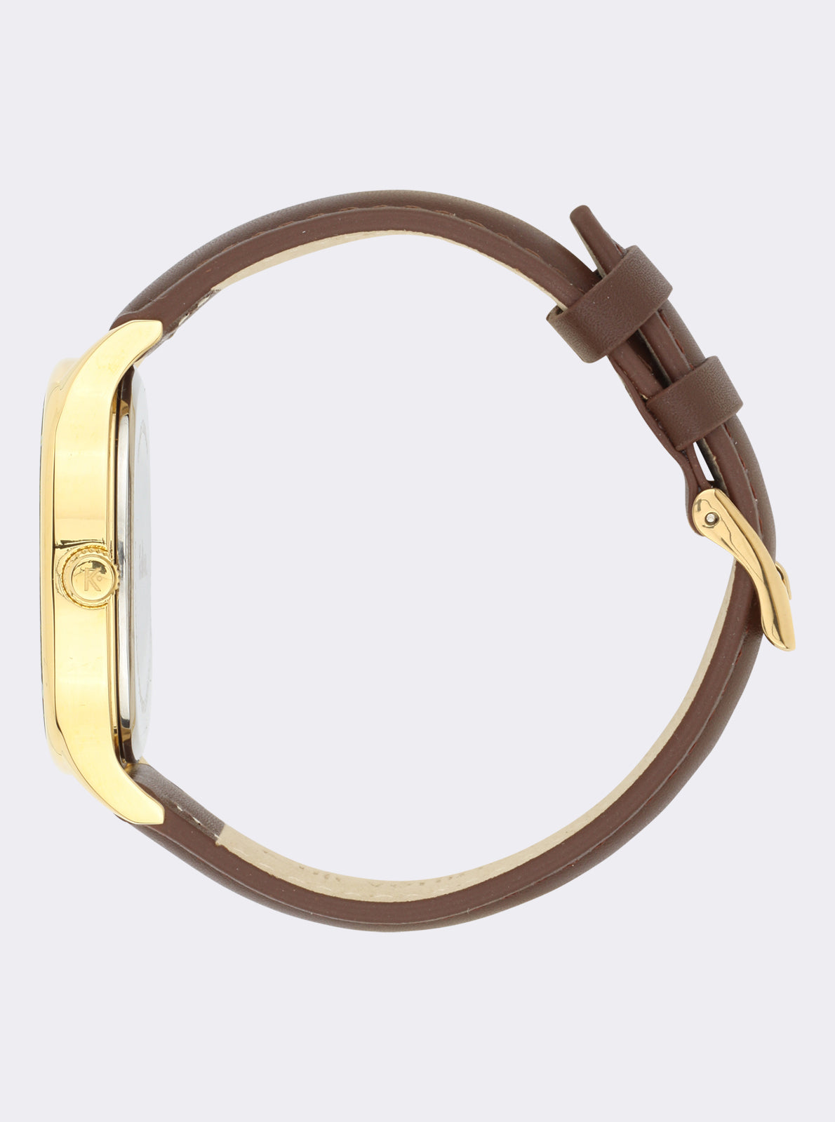 Image of Montre vue de profil: bracelet cuir brun, boîtier doré, couronne sur le côté