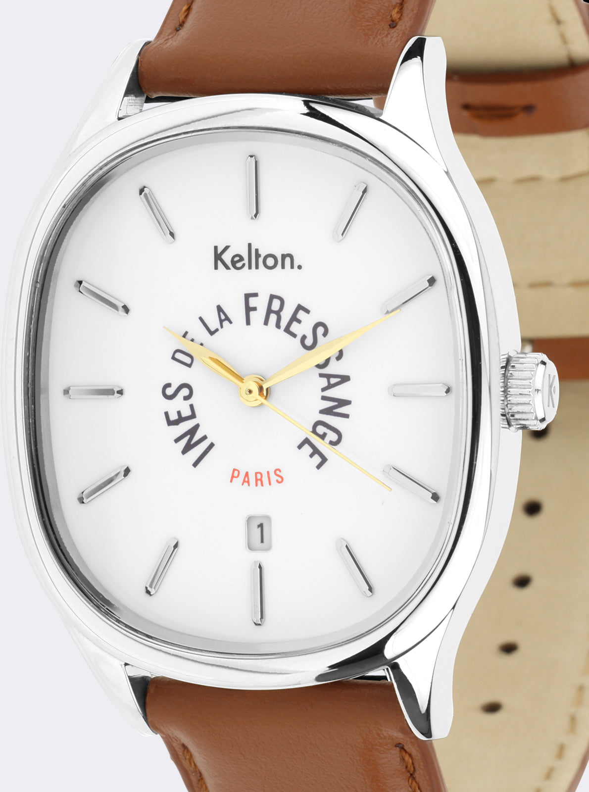 Image of Montre cadran blanc avec aiguilles dorées et bracelet cuir camel
