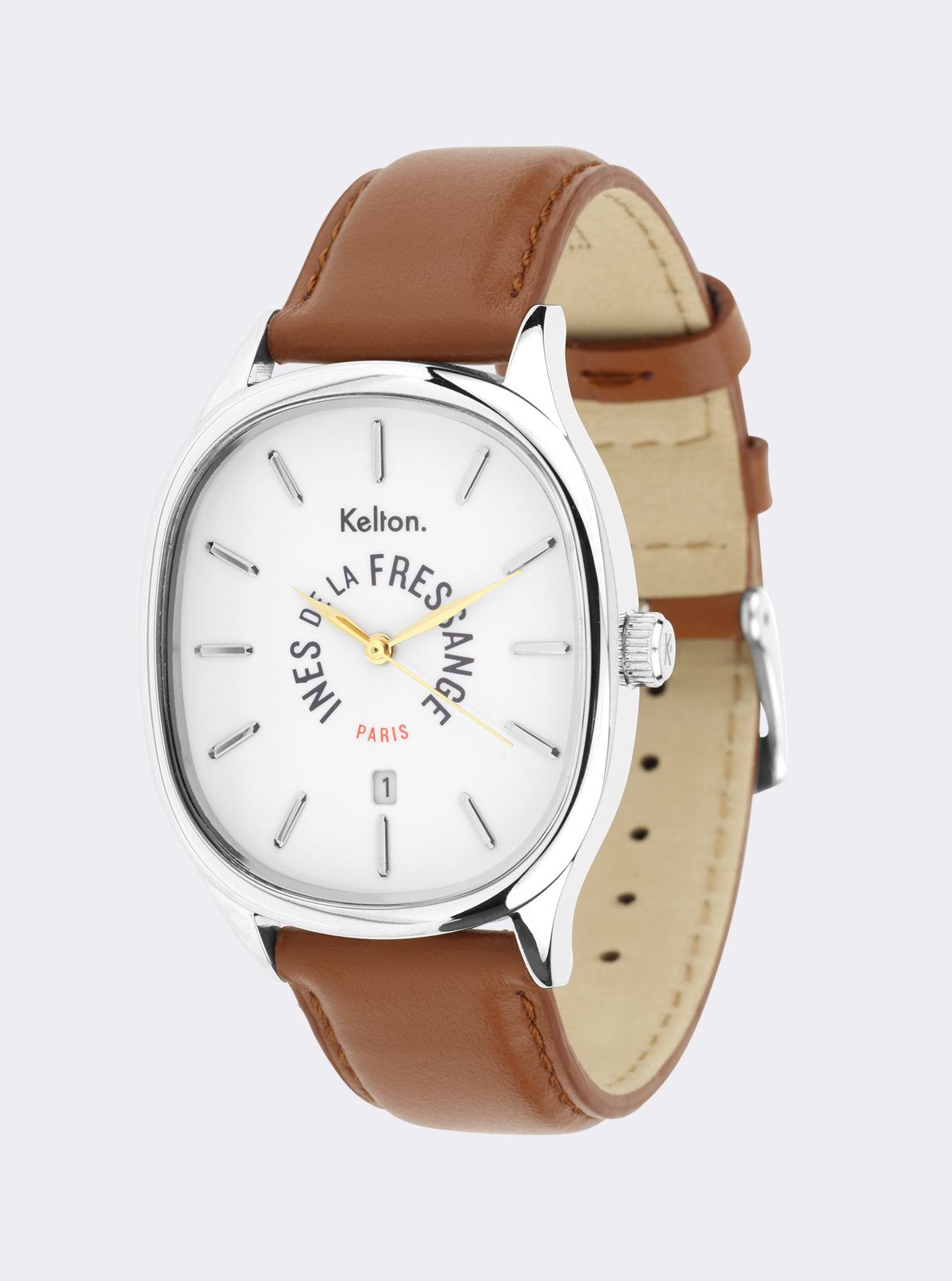 Image of Montre de profil avec cadran blanc, boîtier argenté et bracelet cuir camel