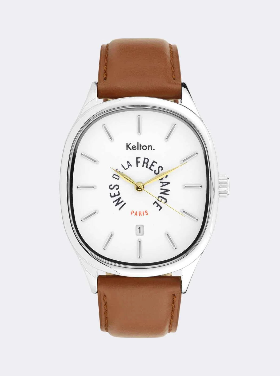 Image of Montre Kelton grande cadran blanc, bracelet cuir camel, boîtier argenté