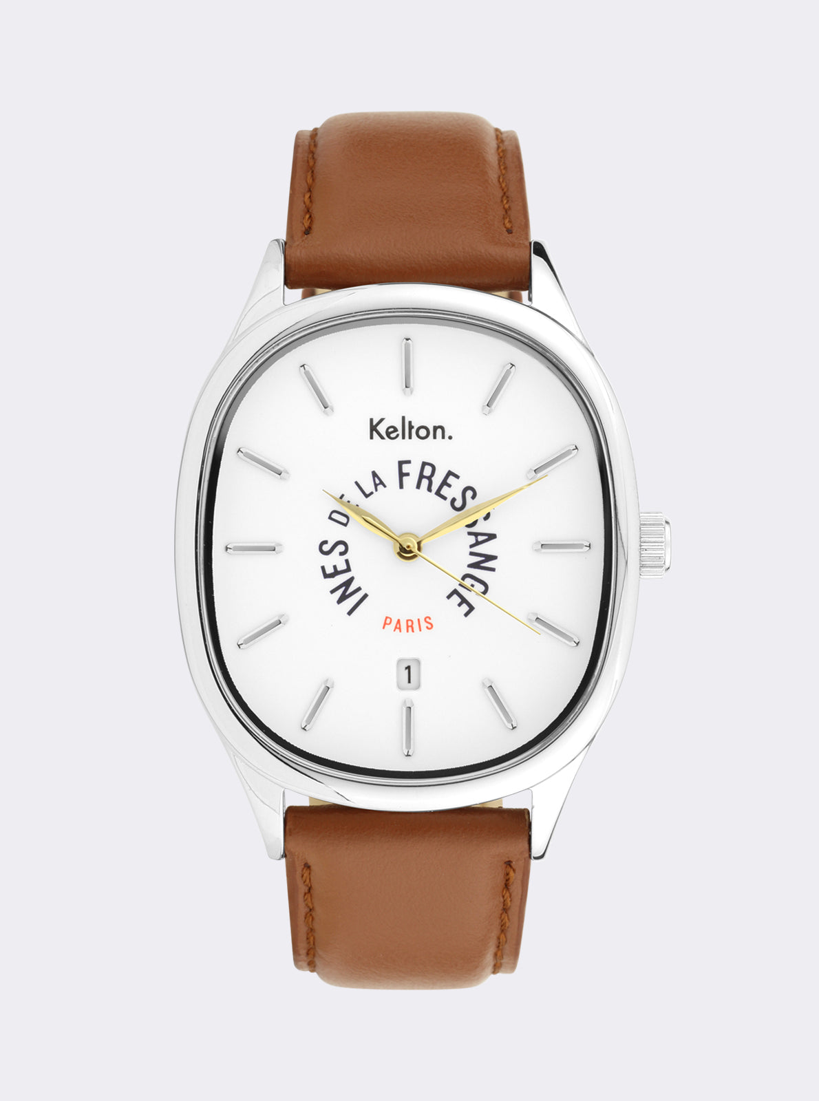 Image of Montre à cadran blanc et boîtier argenté, bracelet cuir camel