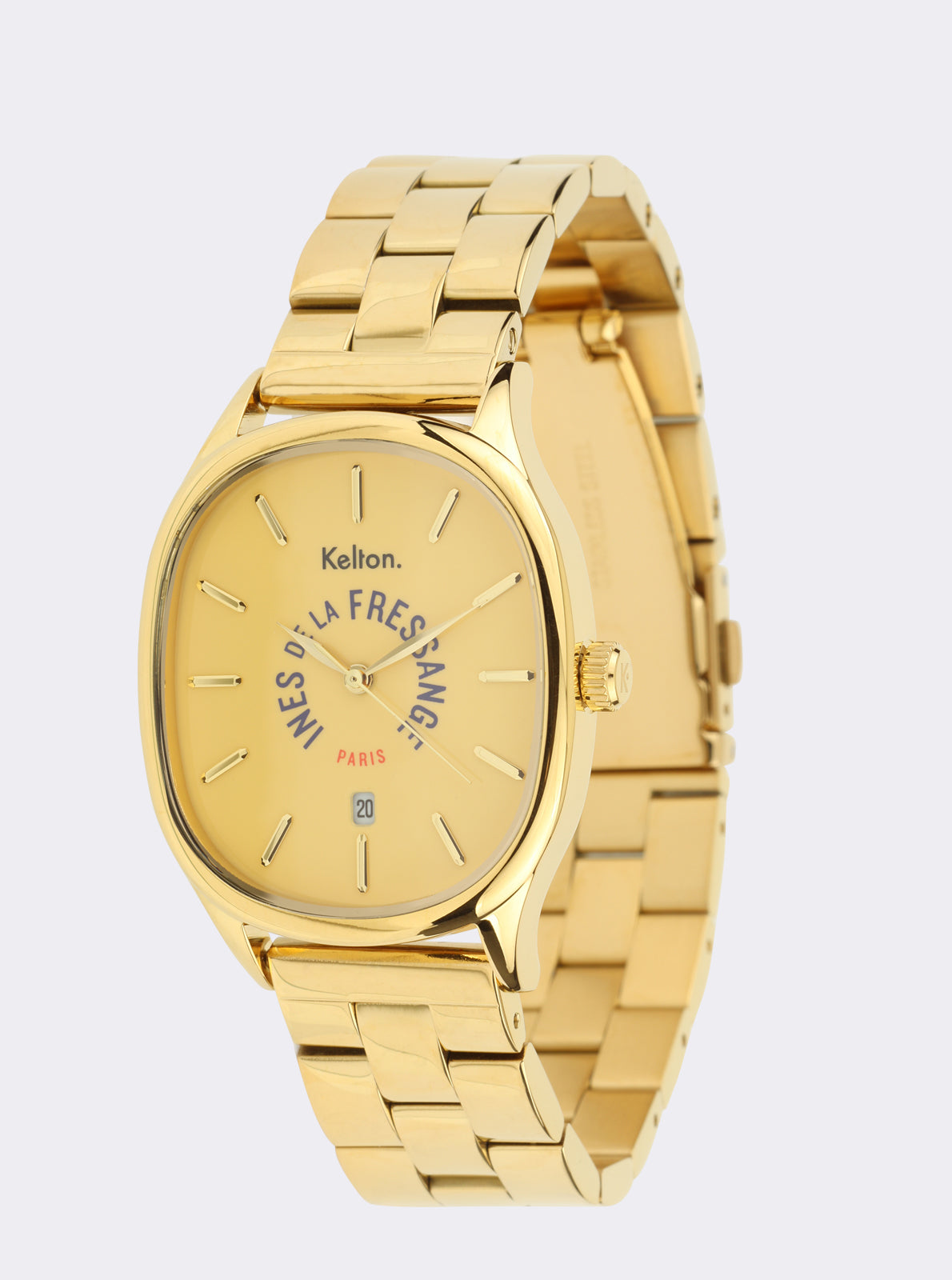 Image of Montre-bracelet dorée, cadran beige avec logo Kelton, couronne visible, maillons