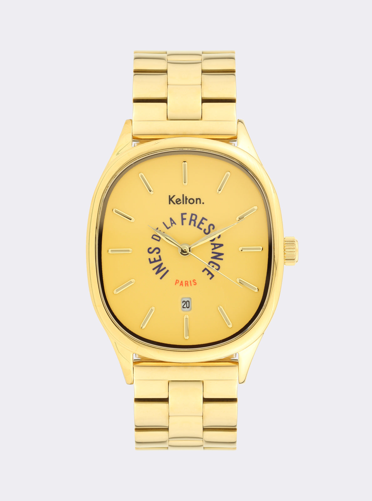 Image of Montre-bracelet dorée à cadran beige, index bâtons, bracelet maillons rectangulaires