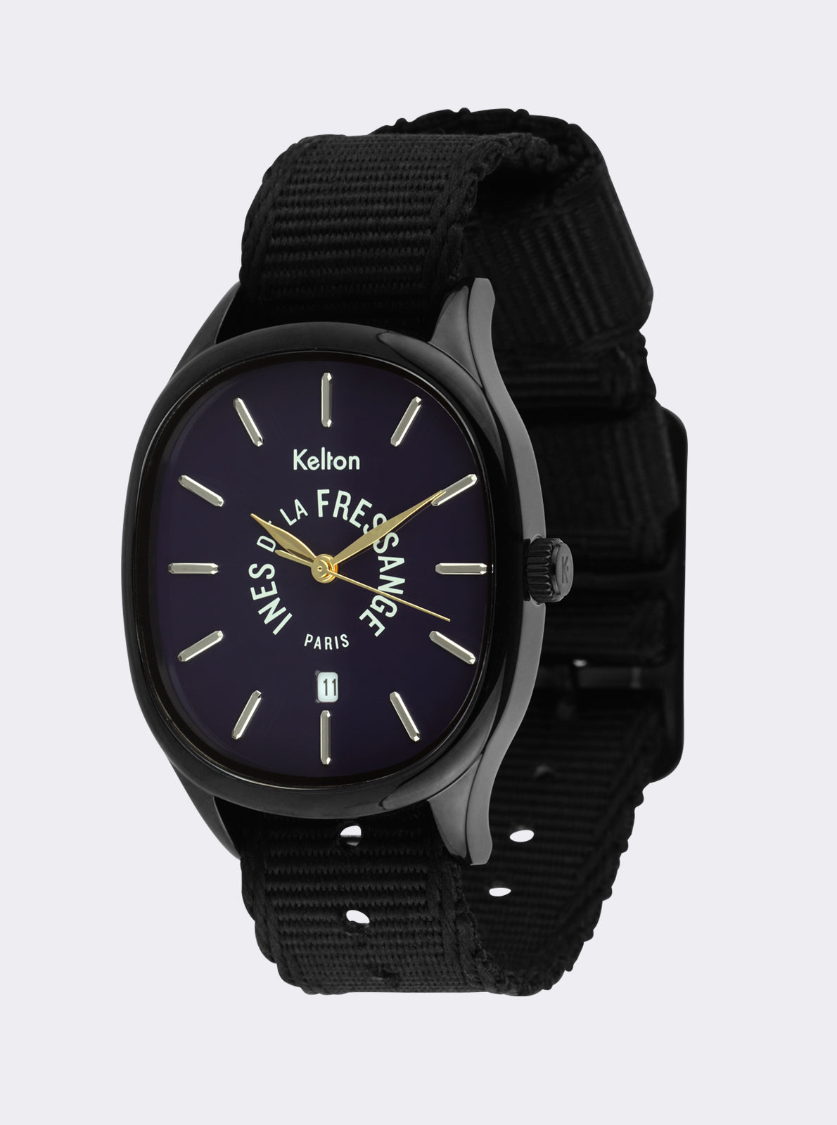 Image of Montre Kelton à cadran bleu nuit, bracelet textile noir, lunette noire et couronne.