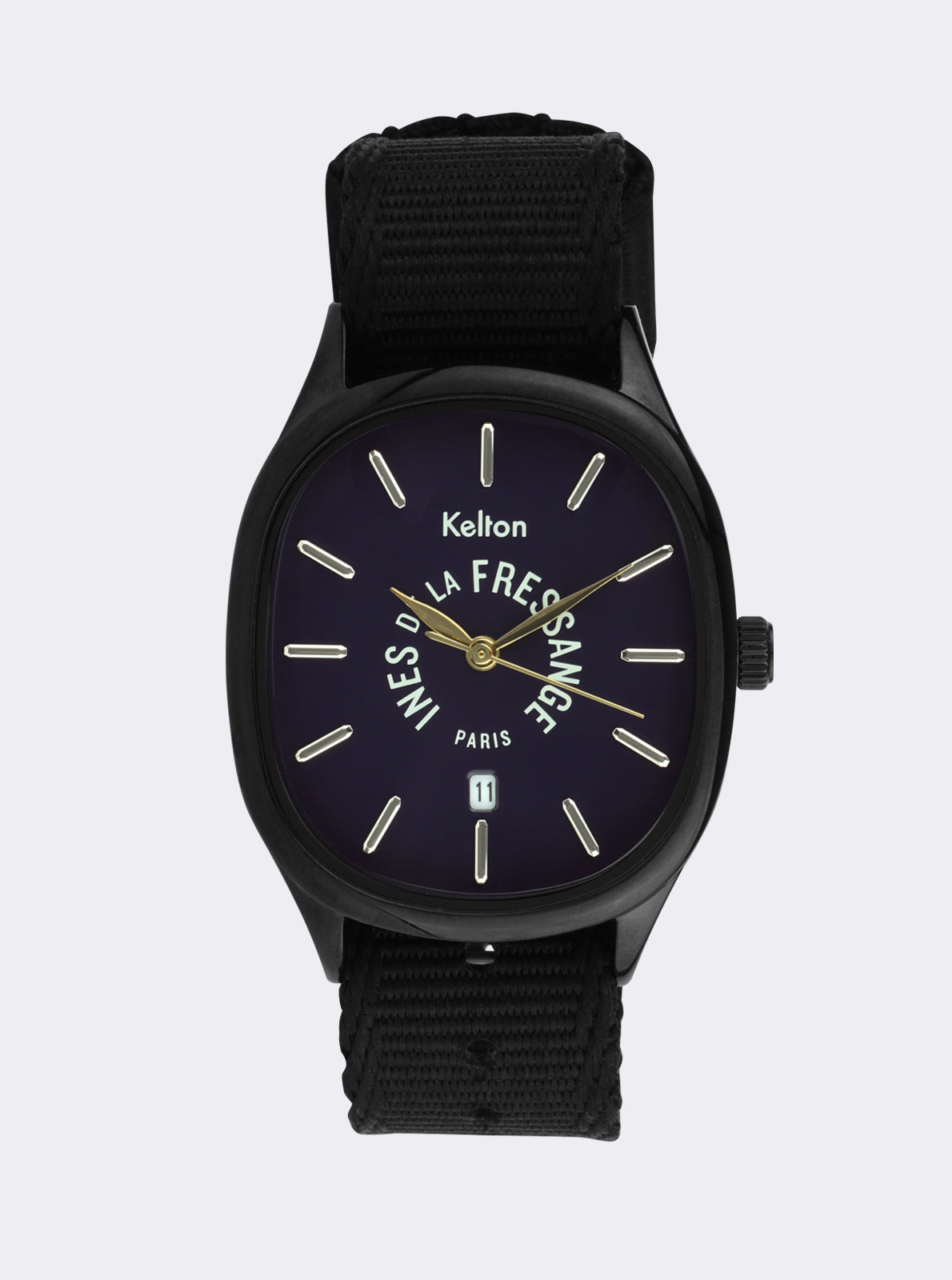 Image of Montre Kelton à cadran bleu nuit, bracelet textile noir et aiguilles dorées.