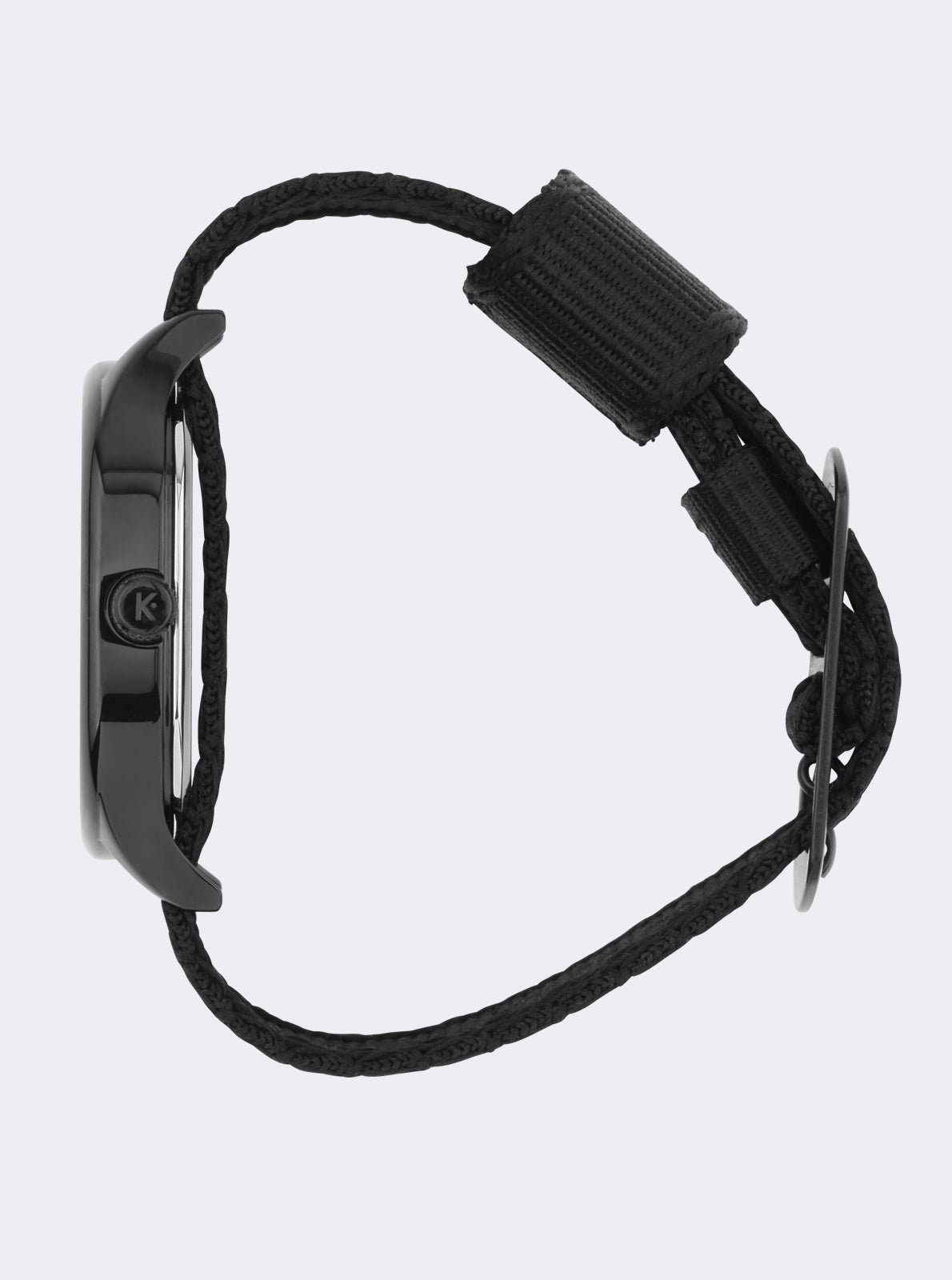 Image of Montre Kelton avec bracelet textile noir, boucle et boîtier sombre, vue arrière.