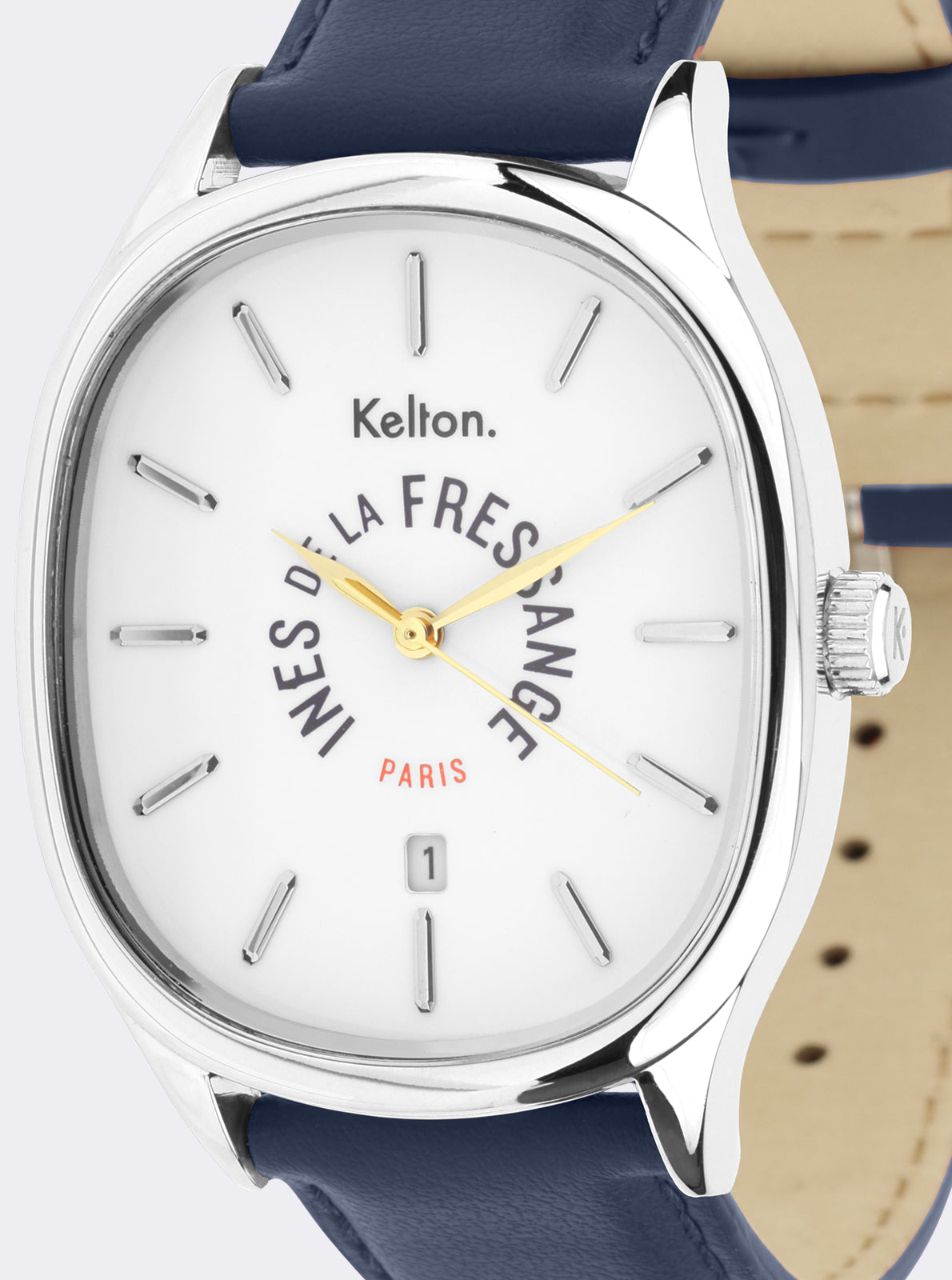 Image of Montre Colorama cadran blanc avec aiguilles dorées et bracelet cuir bleu marine
