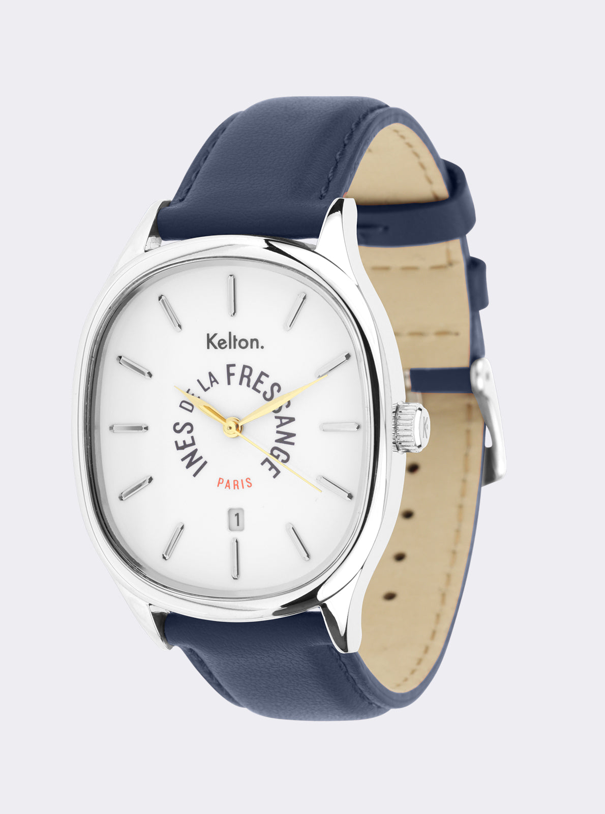 Image of Montre Colorama à cadran blanc, bracelet cuir bleu marine avec doublure beige