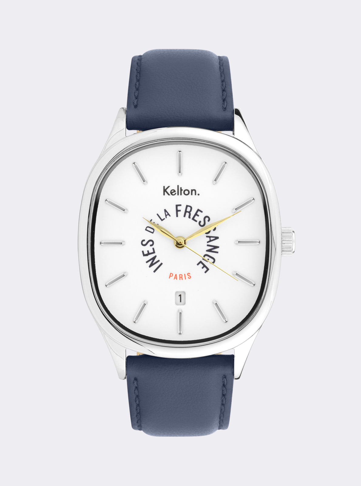 Image of Montre Kelton à bracelet bleu nuit et cadran blanc, index bâton et aiguilles dorées