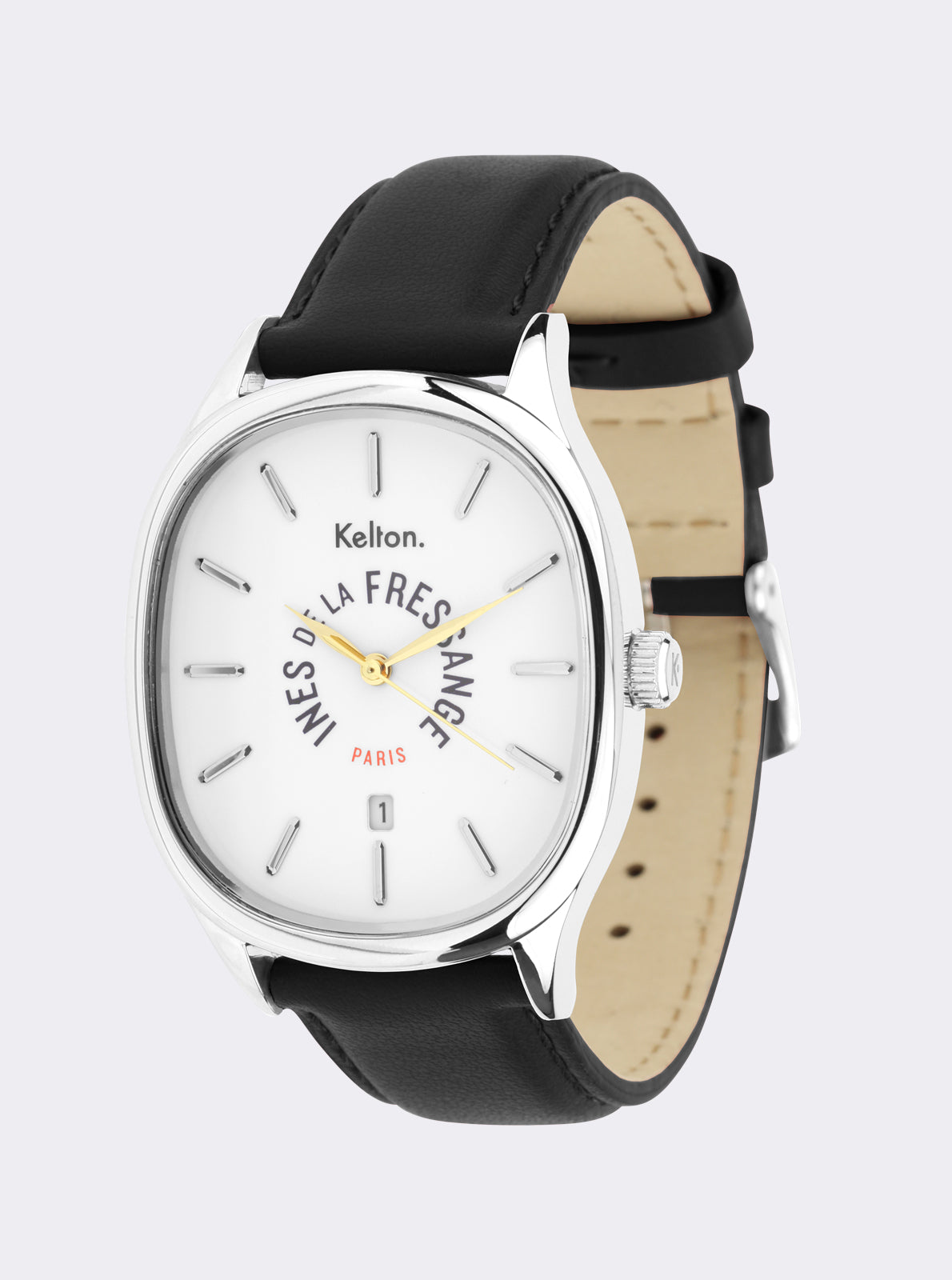 Image of Montre bracelet noir avec cadran blanc, détail de la couronne et sangle beige.