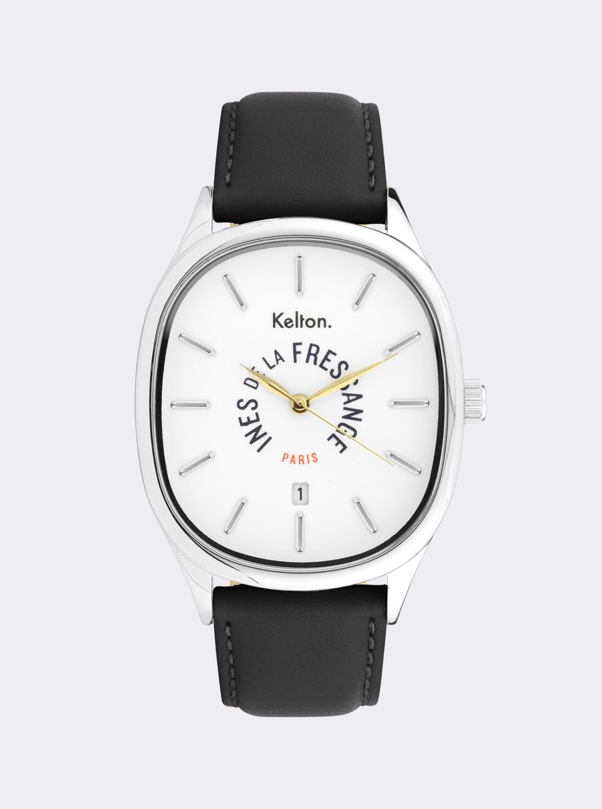 Image of Montre Kelton à bracelet noir et cadran blanc, index bâton et aiguilles dorées