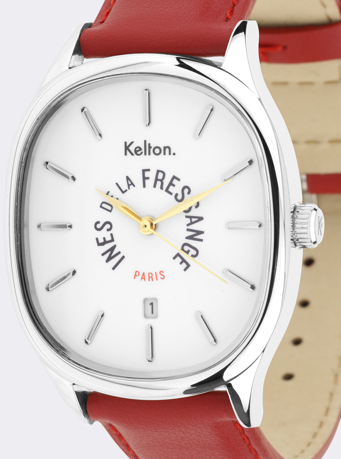 Image of Montre Kelton cadran blanc, aiguilles dorées et bracelet rouge en cuir