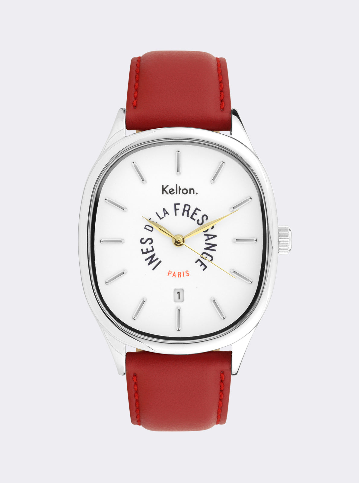 Image of Montre Kelton à bracelet rouge et cadran blanc, index bâton et aiguilles dorées