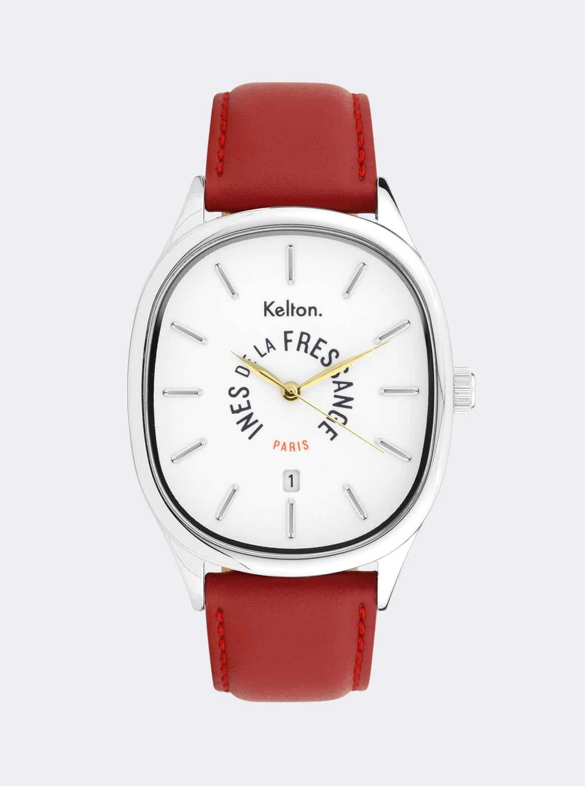 Image of Montre Kelton grande cadran blanc, bracelet cuir rouge, boîtier argenté