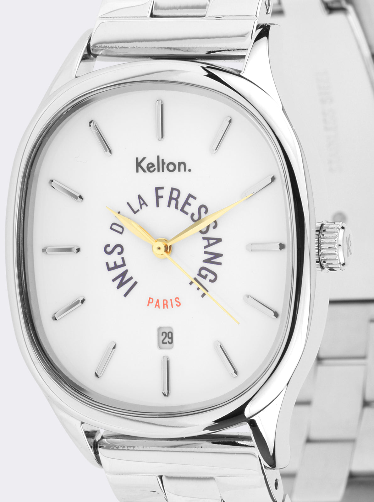 Image of Montre Kelton La Fressange Paris, cadran blanc, aiguilles dorées, repères bâtons.
