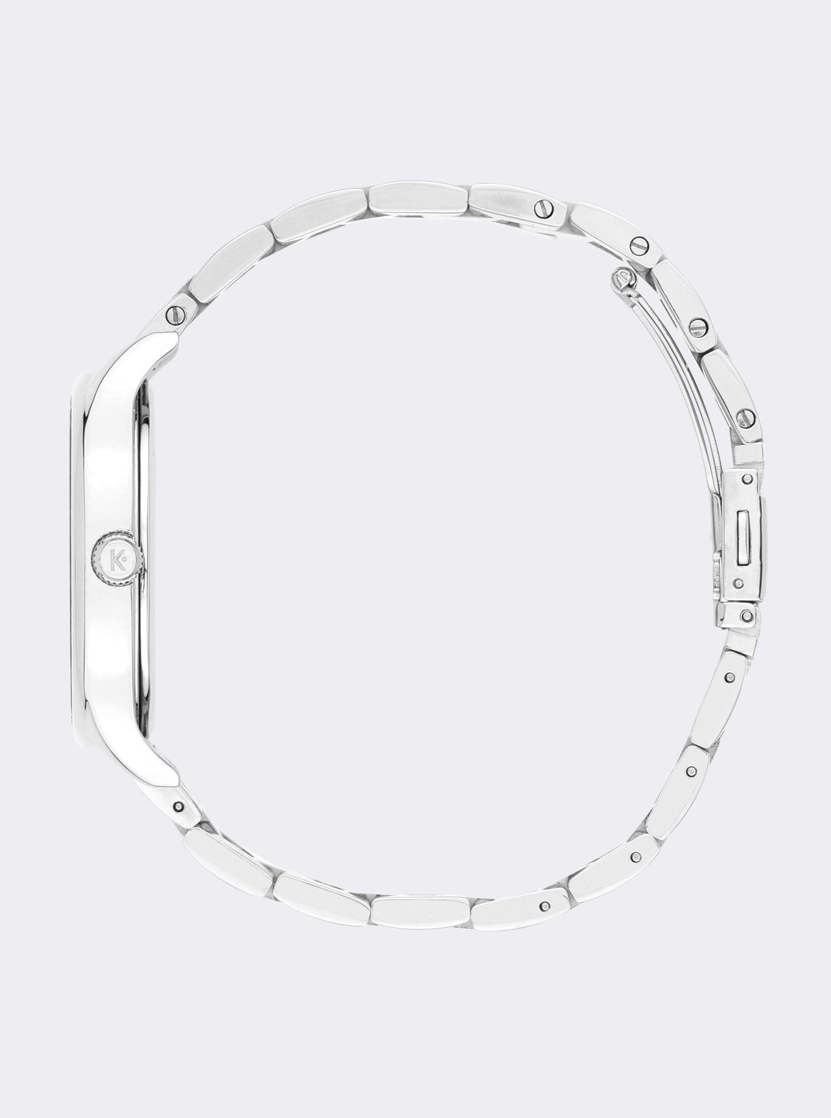 Image of Bracelet de montre argenté, attaches et profil du boîtier Kelton, vue de côté.