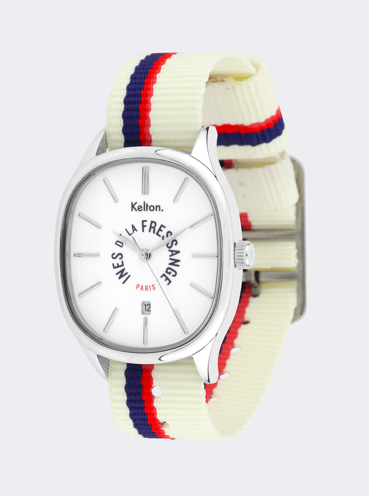 Image of Montre sport cadran blanc, couronne latérale, bracelet tissu écru rayé rouge et bleu marine.