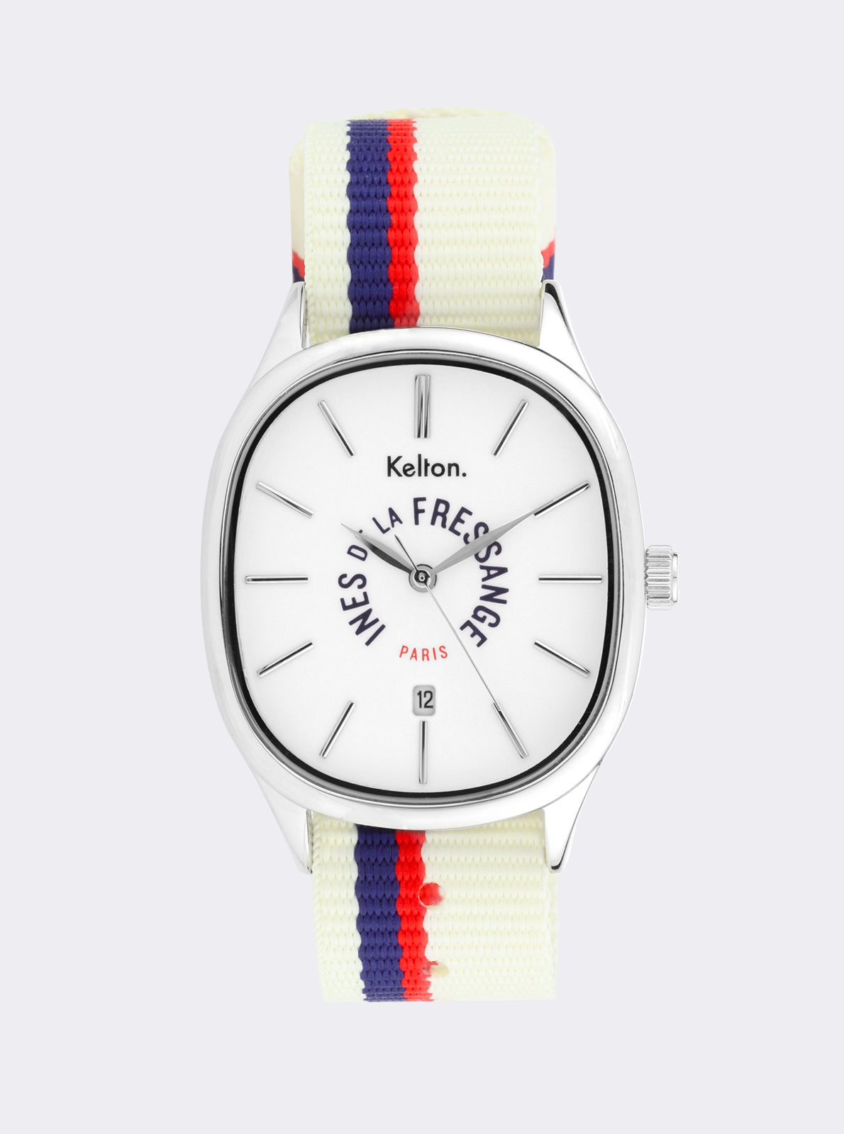 Image of Montre sport cadran blanc, bracelet tissu écru rayé rouge et bleu marine, boîtier argent.