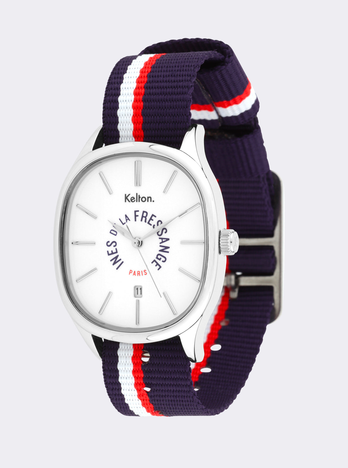 Image of Montre sport, cadran blanc avec couronne, bracelet tissu bleu marine rayé rouge.