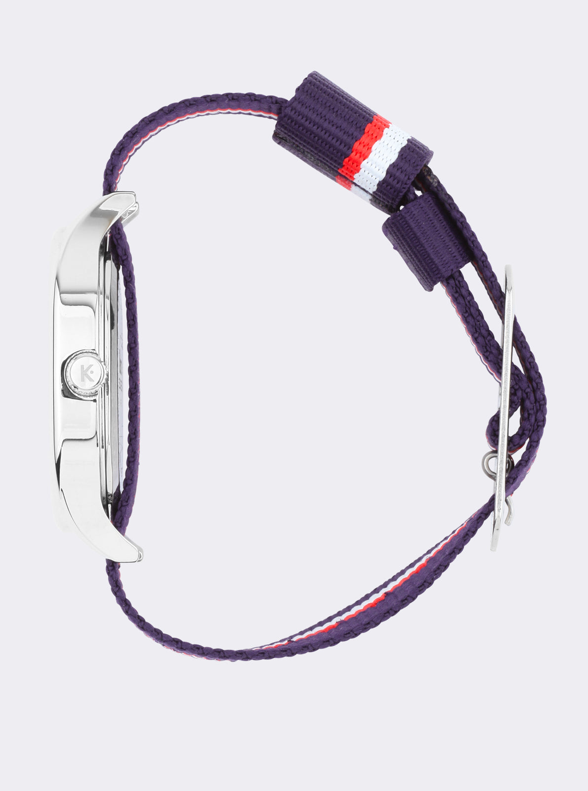 Image of Montre sport vue arrière avec boucle et bracelet tissu bleu marine rayé rouge et blanc.