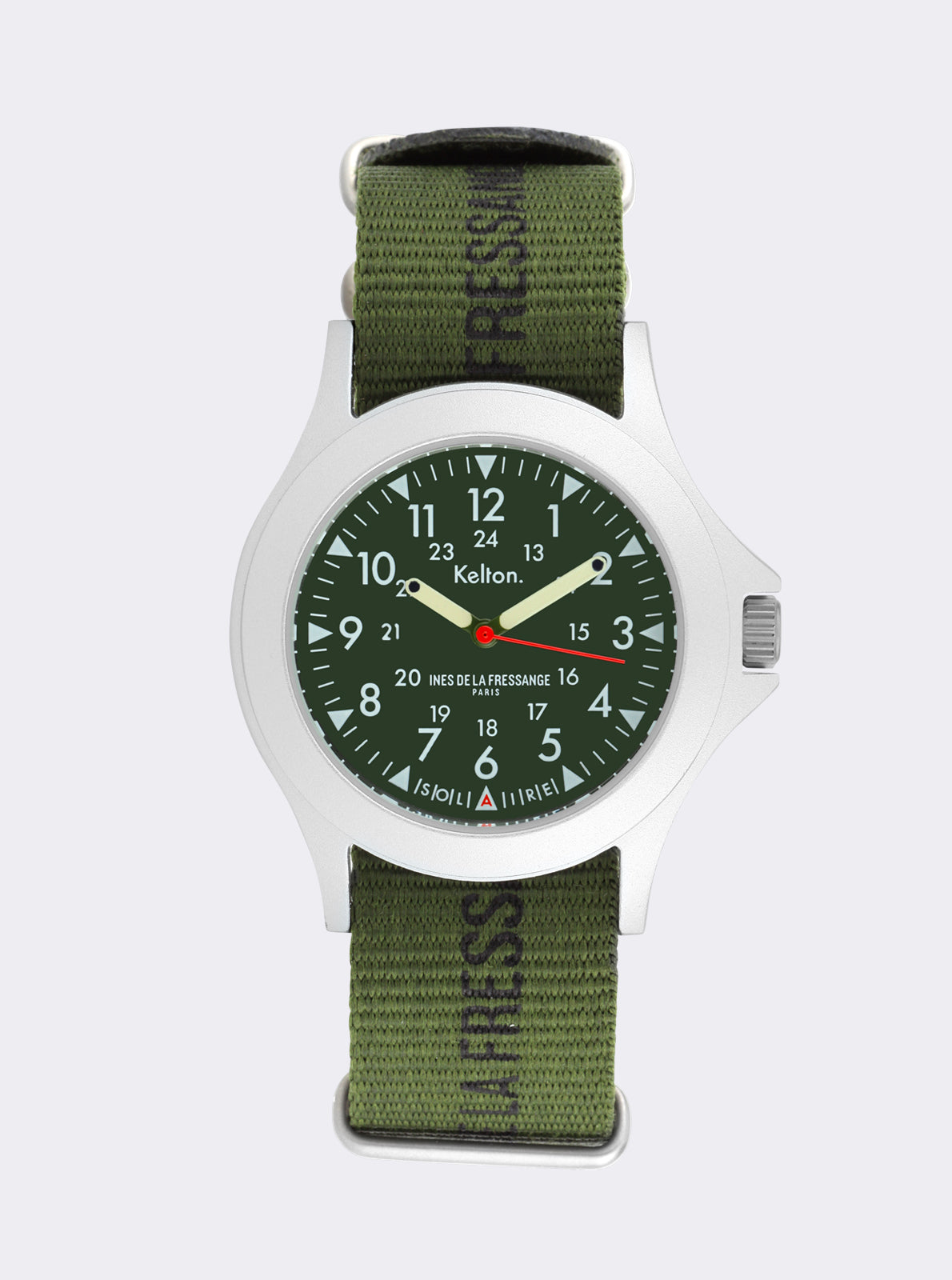 Image of Montre solaire à cadran vert foncé et boîtier blanc, bracelet textile kaki.